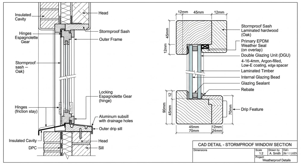 A CAD drawing showing the overlapping sash design typical of stormproof windows