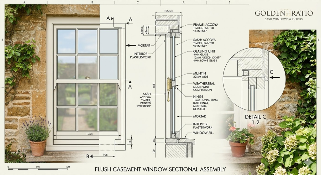 A CAD drawing illustrating the flush fit where the sash sits level with the frame