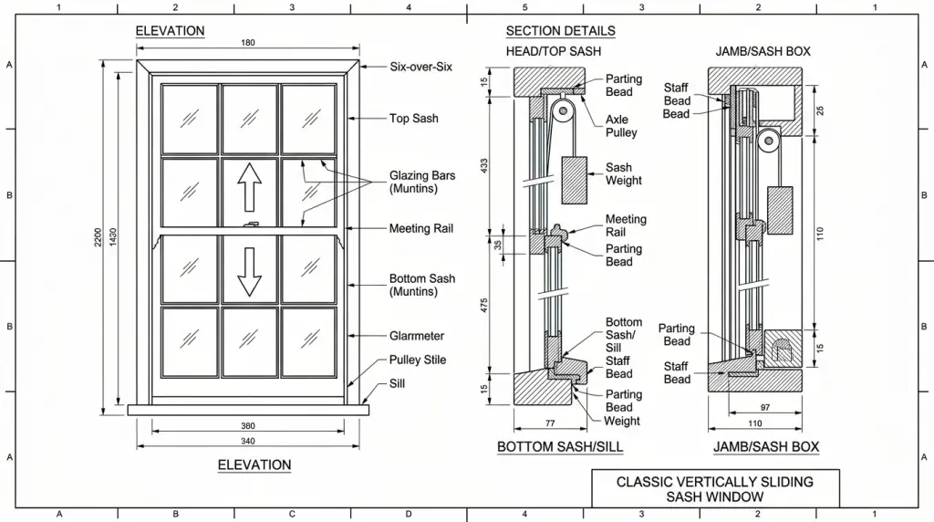 A CAD drawing of the classic vertically sliding sash window style.