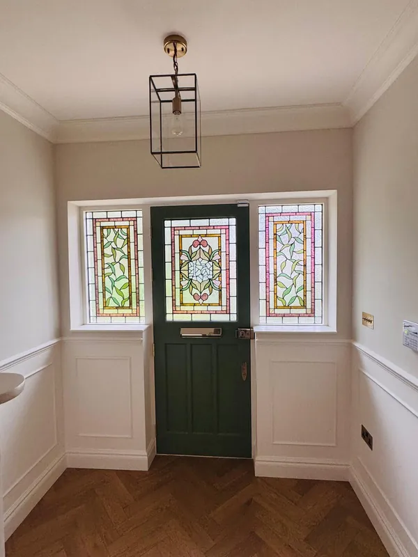Bespoke Accoya entrance door with botanical stained glass, North London
