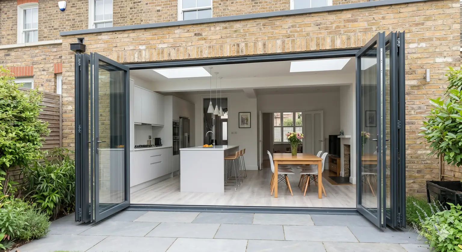 Grey timber bi-folding doors installed in a London property