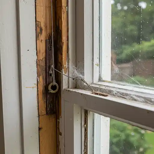 Close-up of a weathered sash window mechanism with a broken cord
