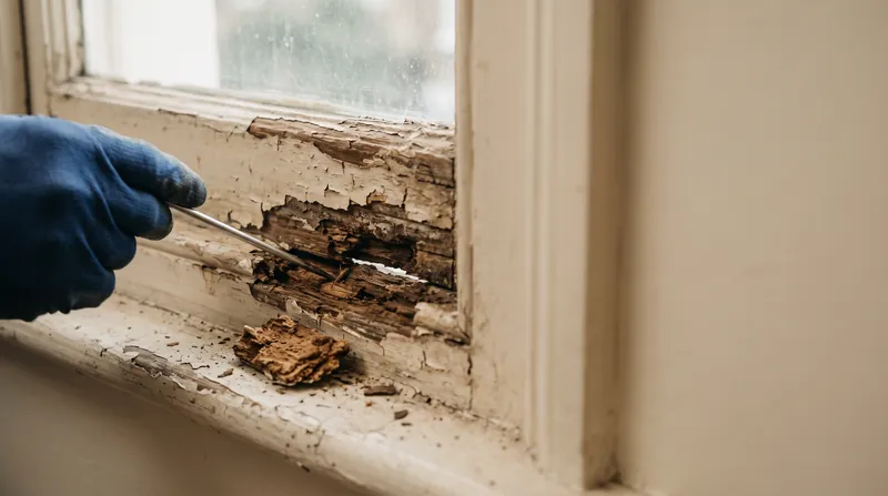 Specialist probing rotten timber on a sash window sill