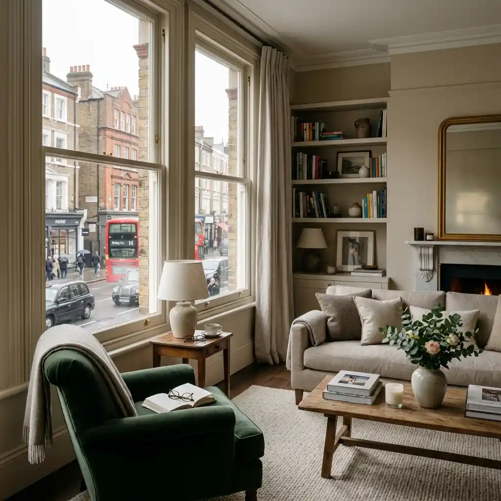 A serene, peaceful London living room with acoustic glass
