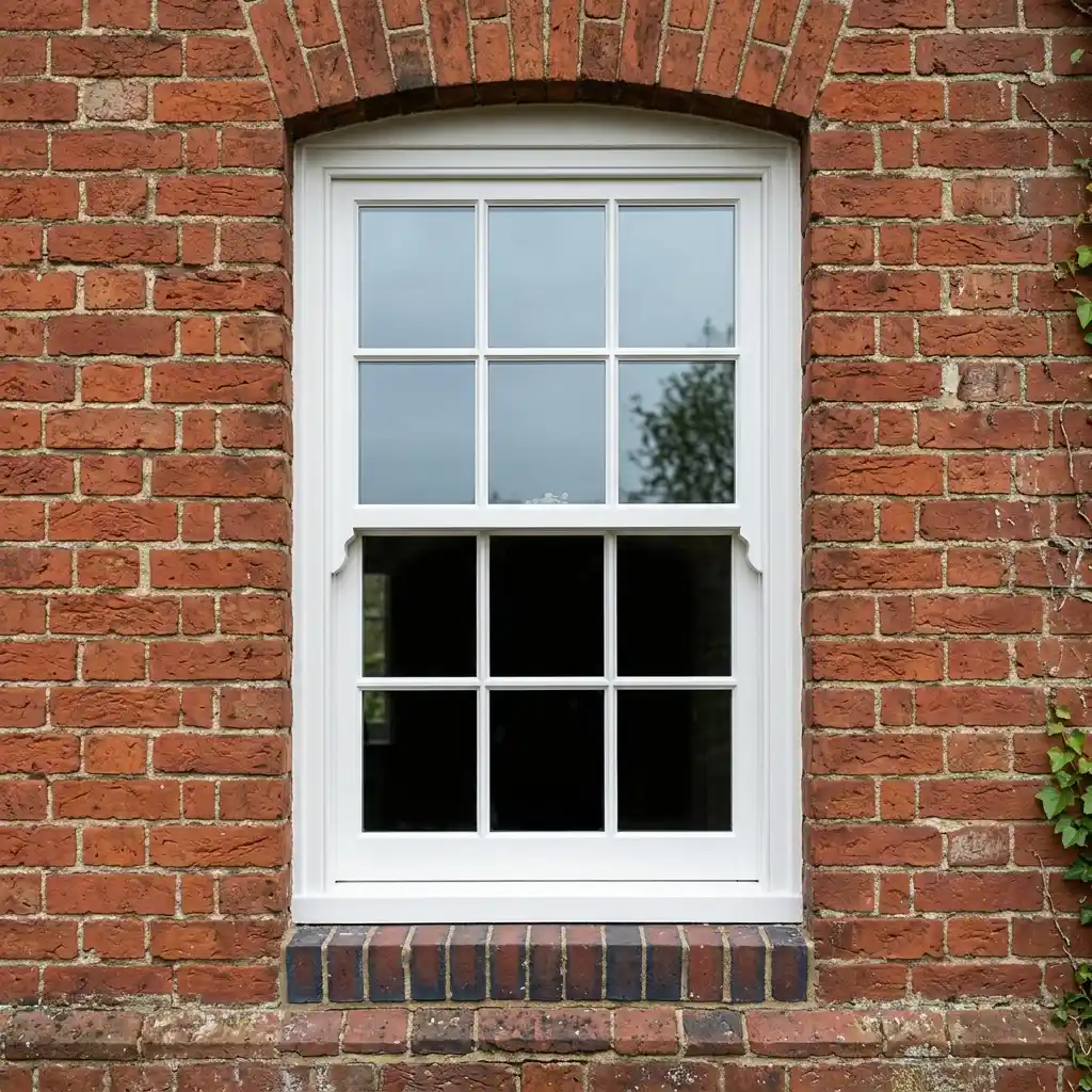 Georgian six-over-six sash window with arched head in a brick wall