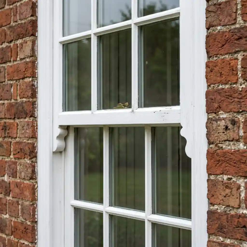 Close-up of a carved sash horn bracket on a Victorian timber sash window