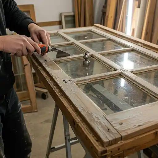 Hands using a scraper to remove old paint from a wooden window frame