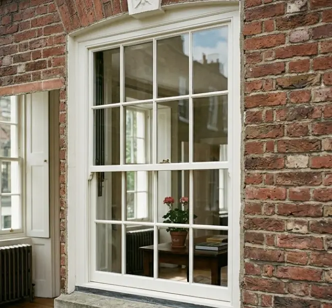 Edwardian sash window with a multi-pane decorative upper sash and clear single-pane lower sash