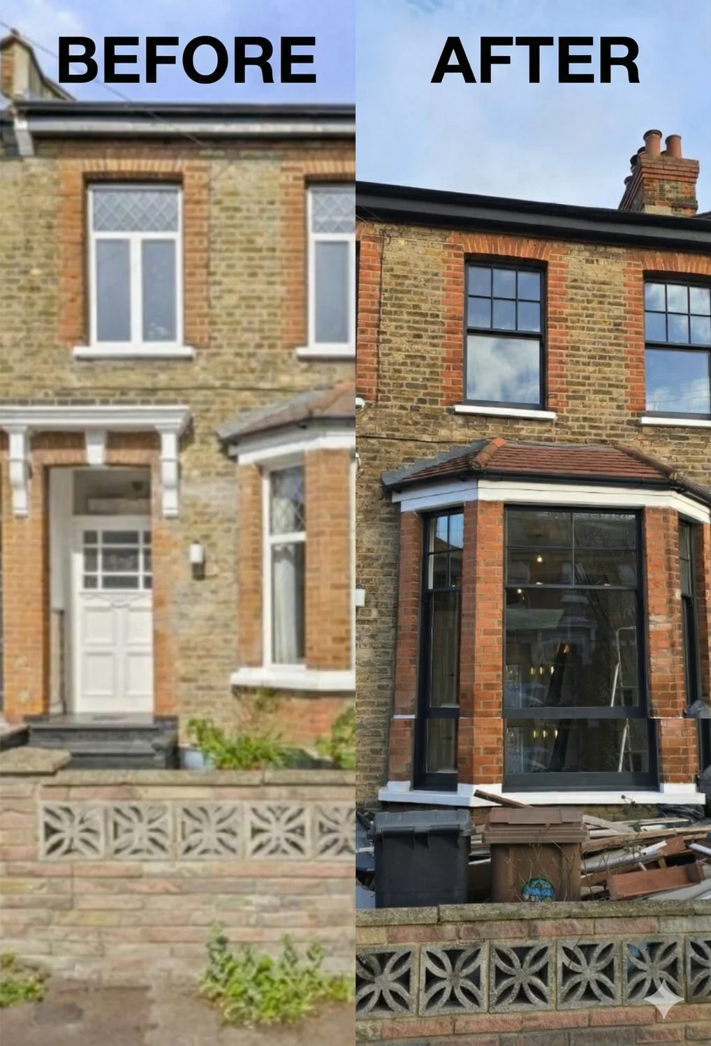 Before and after restoration of Victorian sash windows on a terraced house in Stoke Newington London